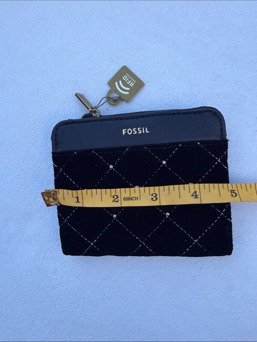 Fossil Black Quilted Zip Coin Wallet with Gold Accents